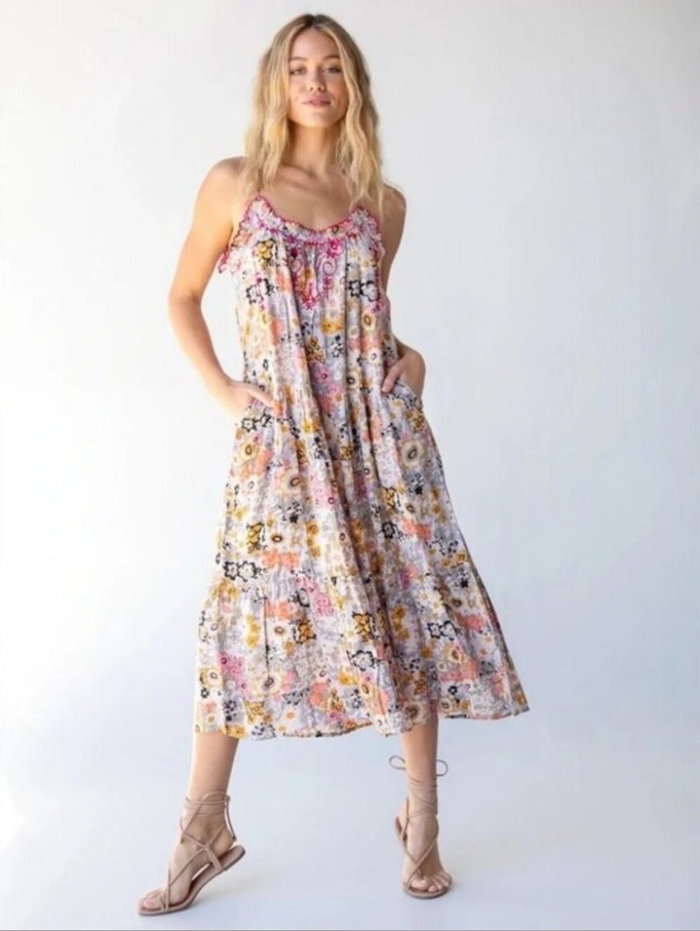 NATURAL LIFE Floral Midi Dress with Pink Trim and Multicolor Blooms